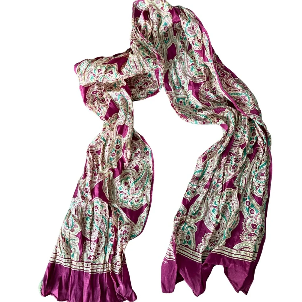 Echo 100% Silk Paisley Scarf Purple Green Boho Vintage Luxury